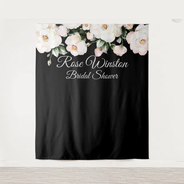 Elegant White Roses Bridal Shower Black Backdrop | Zazzle