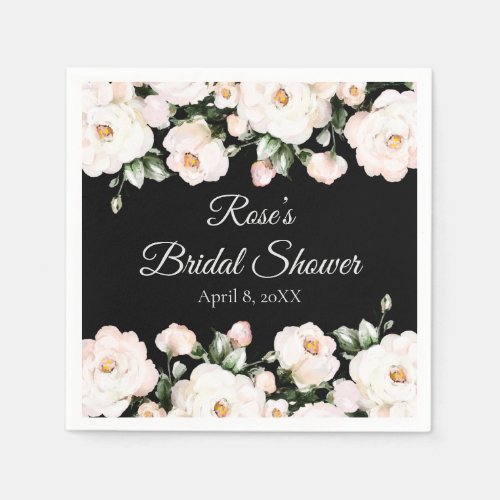 Elegant White Roses Bridal Shower Black Napkins