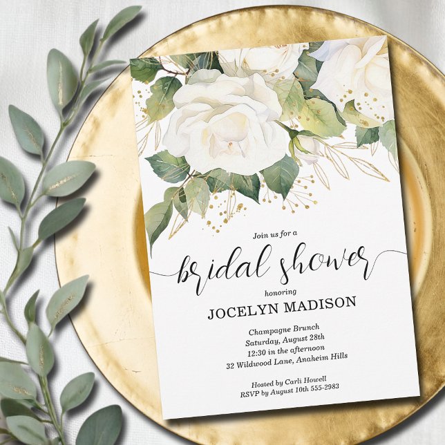 Elegant White Roses Bridal Shower Invitation (Elegant white roses, gold leaves bridal shower invitation INSTANT DOWNLOAD and/or PRINTED)