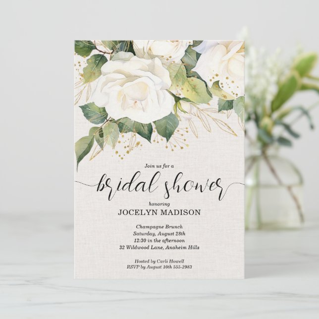 Elegant White Roses Bridal Shower Invitation (Standing Front)