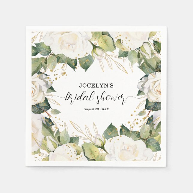 Elegant White Roses Bridal Shower Napkins (Front)