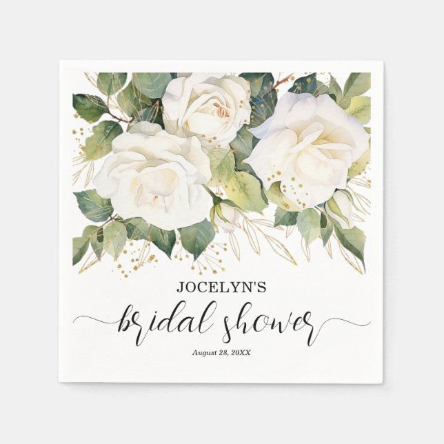Elegant White Roses Bridal Shower Napkins (Front)