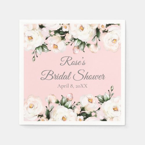 Elegant White Roses Bridal Shower Pink Napkins