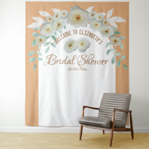 Elegant white roses bridal shower script floral tapestry