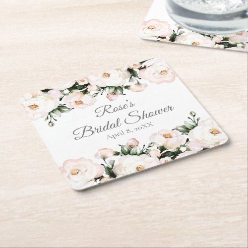 Elegant White Roses Bridal Shower Square Paper Coaster