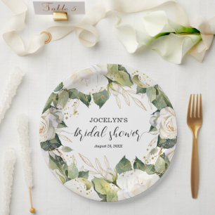 Elegant White Roses Bridal Shower Square Paper Plates