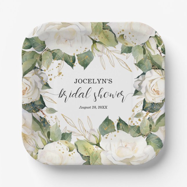 Elegant White Roses Bridal Shower Square Paper Plates (Front)