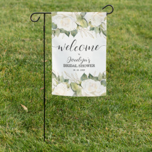 Elegant White Roses Bridal Shower Welcome Garden Flag