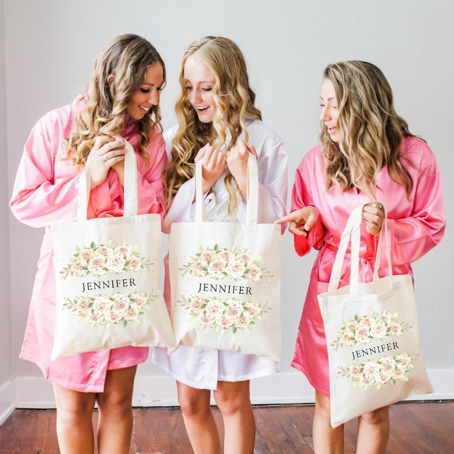 Elegant White Roses Bridesmaid Name Tote Bag (Creator Uploaded)