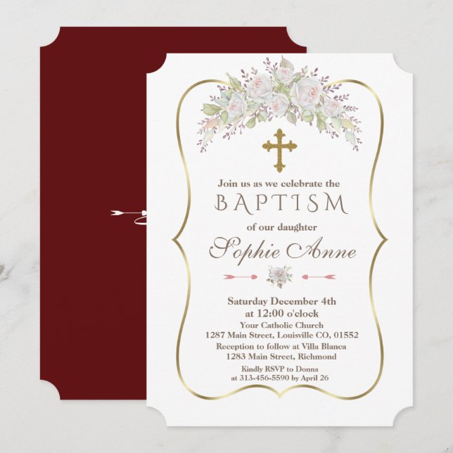 Elegant White Roses Burgundy Gold Baptism Invitation (Front/Back)