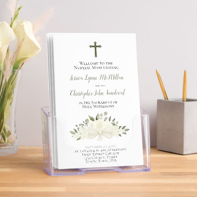 Elegant White Roses Catholic Wedding Program Brochure (Insitu)