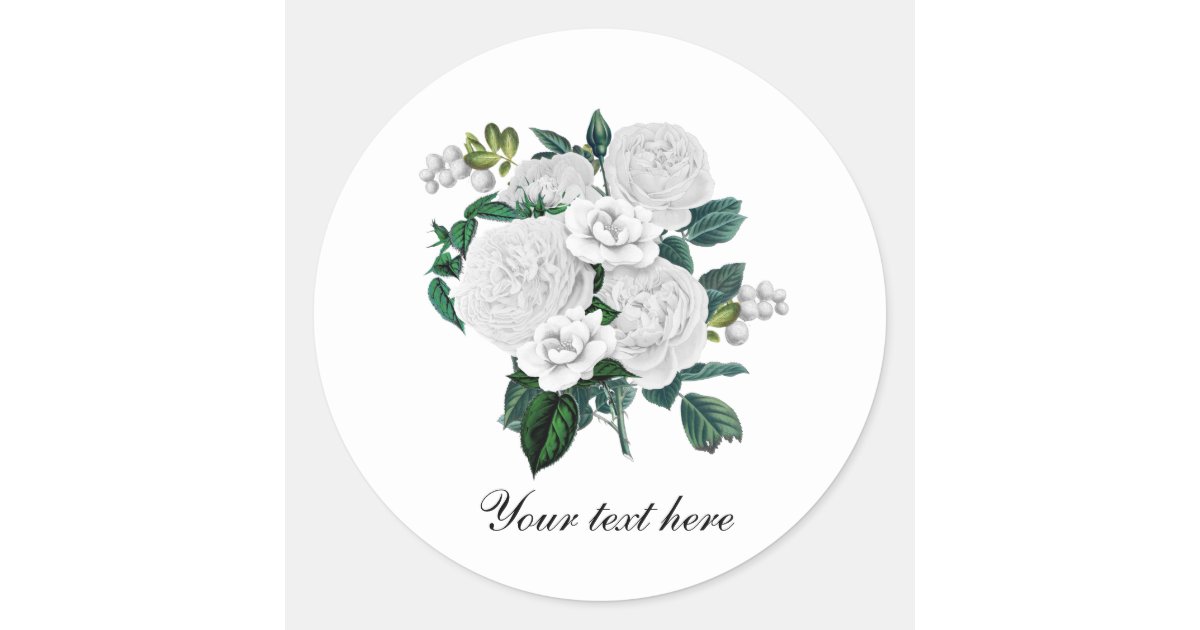 Elegant white roses customizable classic round sticker | Zazzle