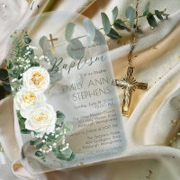 Elegant White Roses Eucalyptus Floral Girl Baptism