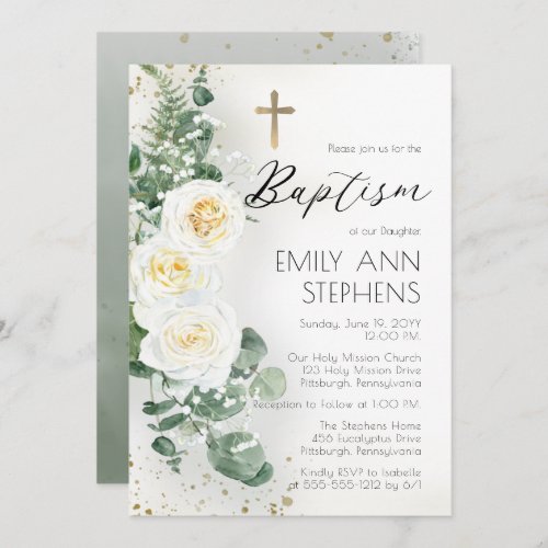 Elegant White Roses Eucalyptus Floral Girl Baptism Invitation