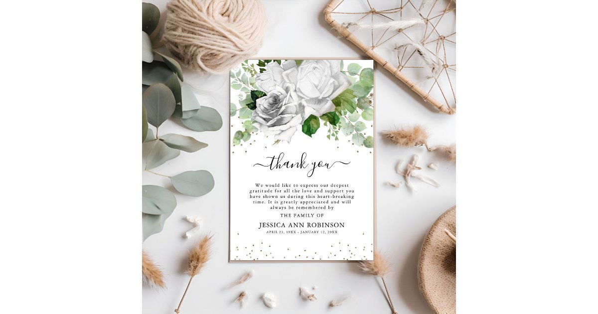 Elegant White Roses & Eucalyptus Greenery Sympathy Thank You Card | Zazzle