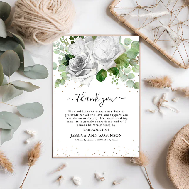 Elegant White Roses & Eucalyptus Greenery Sympathy Thank You Card | Zazzle