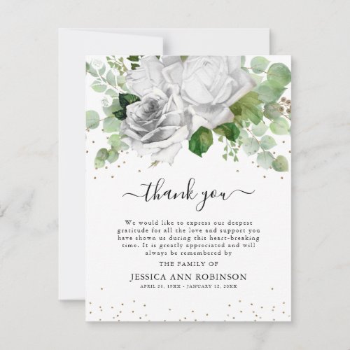Elegant White Roses  Eucalyptus Greenery Sympathy Thank You Card