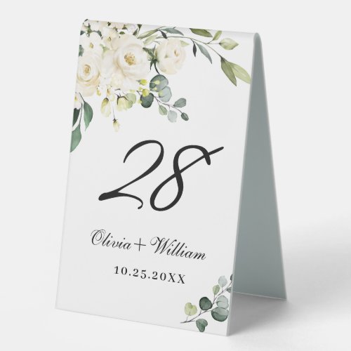 Elegant White Roses Eucalyptus Greenery Table Tent Sign