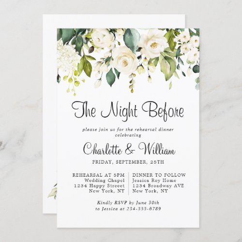 Elegant White Roses Eucalyptus REHEARSAL DINNER Invitation