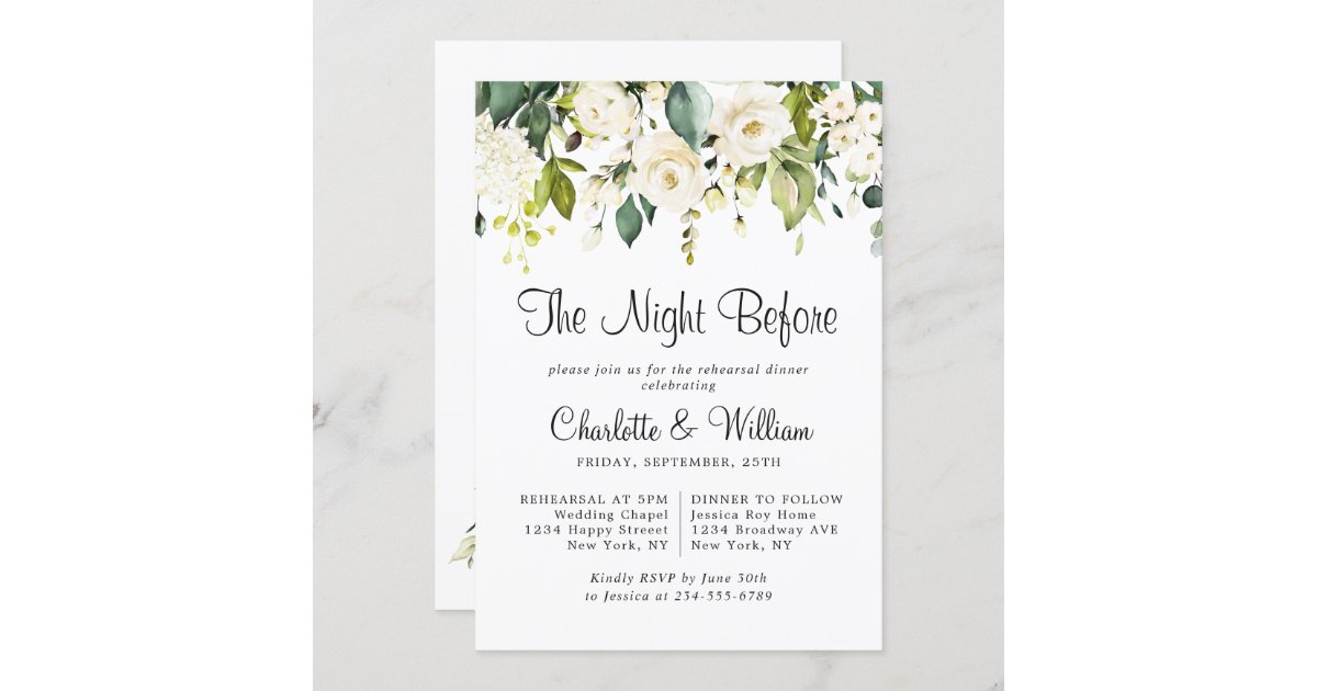 Elegant White Roses Eucalyptus REHEARSAL DINNER Invitation | Zazzle