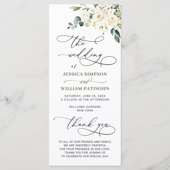 Elegant White Roses Eucalyptus Wedding Ceremony Program (Front)