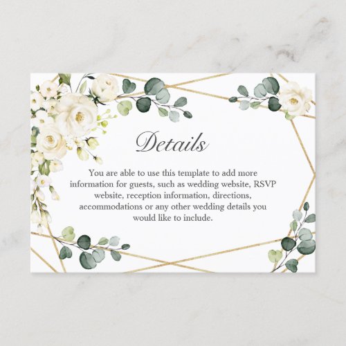 Elegant White Roses Eucalyptus Wedding Details Enclosure Card