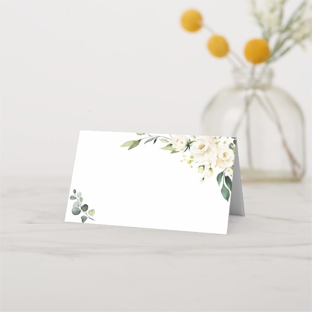 Elegant White Roses Eucalyptus Wedding Place Card (Front)