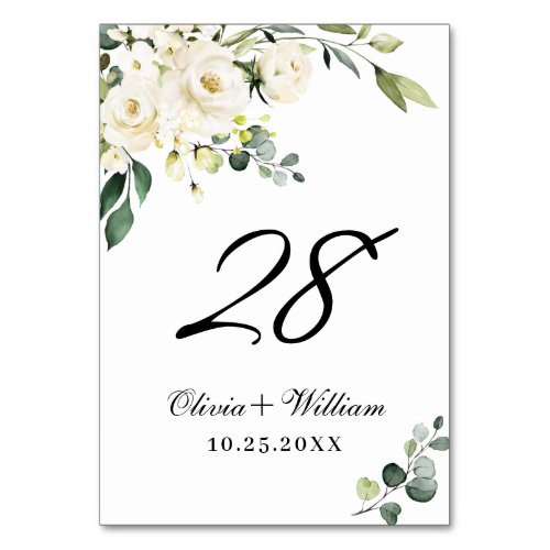 Elegant White Roses  Eucalyptus Wedding Table Number