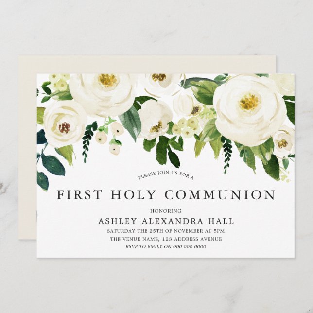Elegant White Roses First Holy Communion Invitation (Front/Back)
