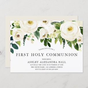 Elegant White Roses First Holy Communion Invitation