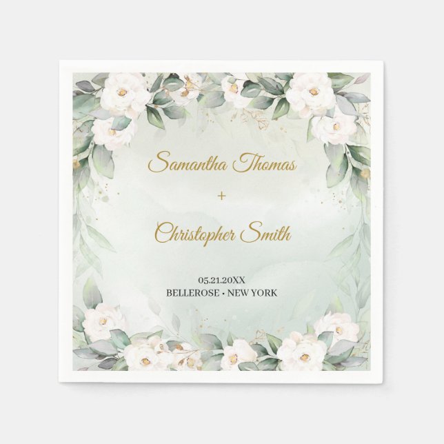 Elegant White Roses Floral Garden greenery wedding Napkins (Front)
