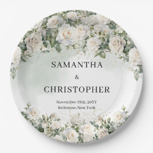 Elegant White Roses Floral Garden greenery wedding Paper Plates