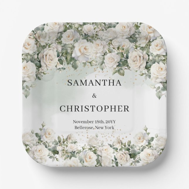 Elegant White Roses Floral Garden greenery wedding Paper Plates (Front)