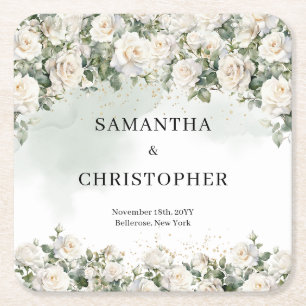 Elegant White Roses Floral Garden greenery wedding Square Paper Coaster
