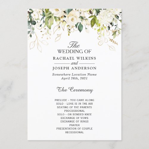 Elegant White Roses Floral Wedding Program - Greenery Ivory White Roses Floral - Personalized Wedding Program Card. 
(1) For further customization, please click the "customize further" link and use our design tool to modify this template. 
(2) If you prefer Thicker papers / Matte Finish, you may consider to choose the Matte Paper Type. 
(3) If you need help or matching items, please contact me.