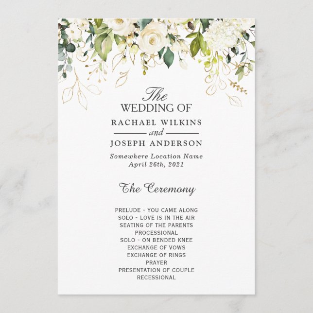 Elegant White Roses Floral Wedding Program (Front)