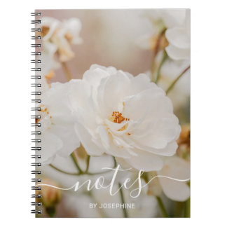 Elegant White Roses Flower Photo With Custom Name Notebook