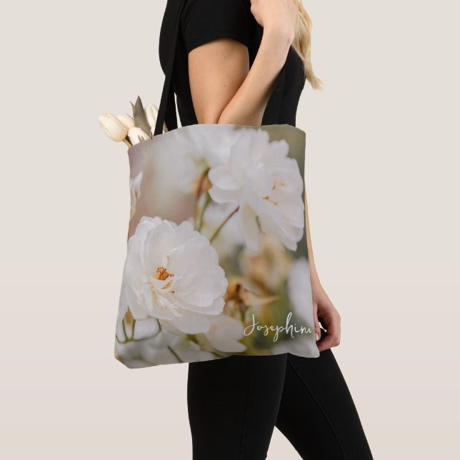 Elegant White Roses Flower Photo With Custom Name Tote Bag (Close Up)