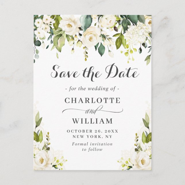 Elegant White Roses Flowers Wedding Save the Date Announcement Postcard (Front)