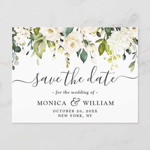 Elegant White Roses Flowers Wedding Save the Date Announcement Postcard