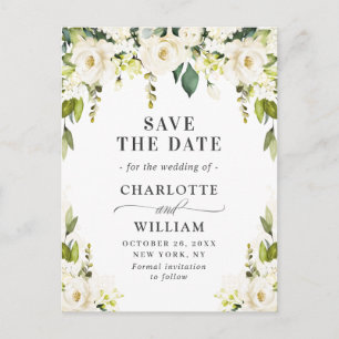Elegant White Roses Flowers Wedding Save the Date Announcement Postcard