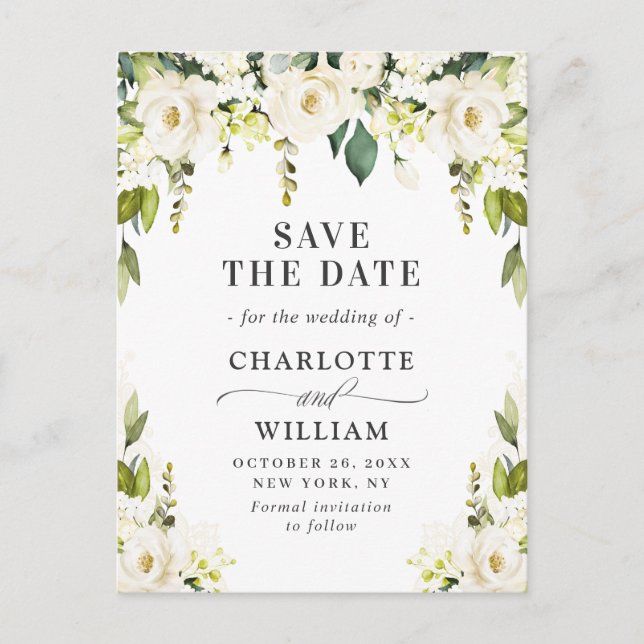 Elegant White Roses Flowers Wedding Save the Date Announcement Postcard (Front)