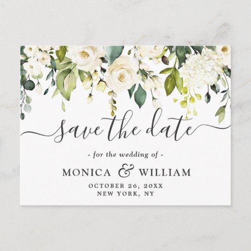 Elegant White Roses Flowers Wedding Save the Date Postcard