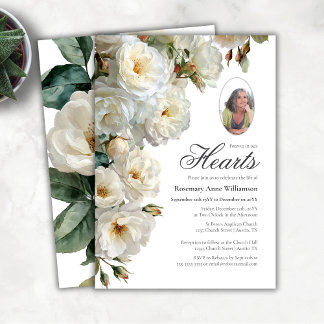 Elegant White Roses Forever In our Hearts Funeral Invitation