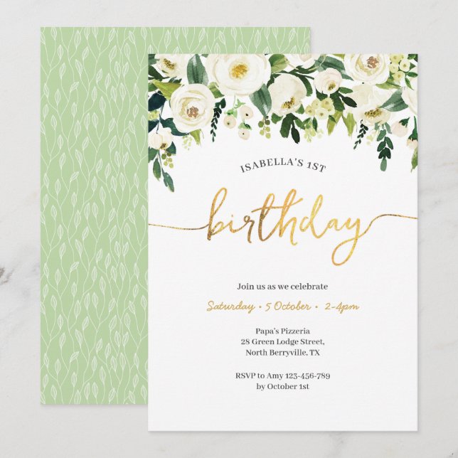 Elegant White Roses Girls Birthday Invitation (Front/Back)