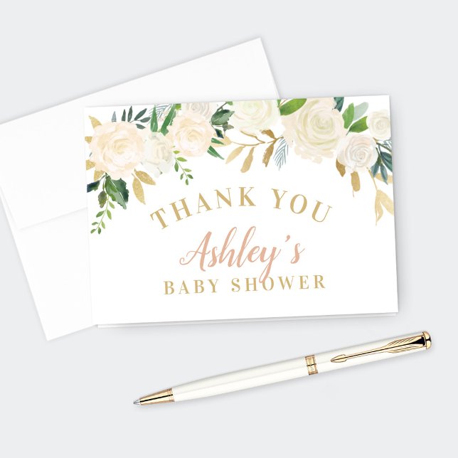 Elegant White Roses Gold Greenery Baby Shower Thank You Card (Creator Uploaded)