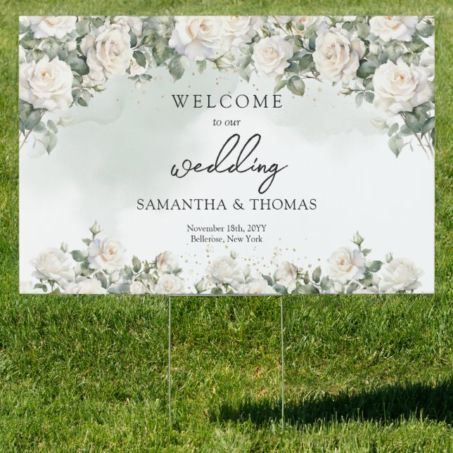 Elegant White Roses Green and gold wedding welcome Sign (Insitu)