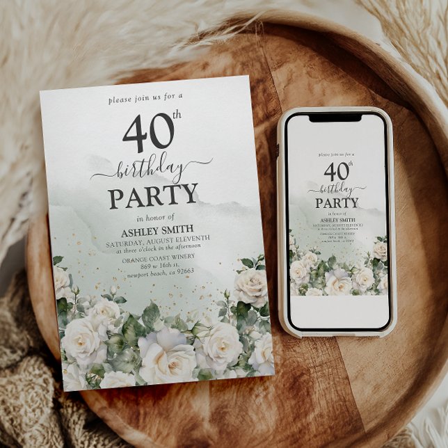  Elegant White Roses & Greenery 40th Birthday  Invitation (Creator Uploaded)
