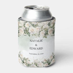 Elegant White Roses Greenery and Gold wedding Can Cooler