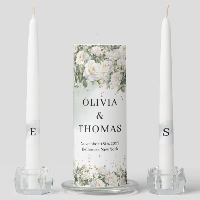 Elegant White Roses Greenery and Gold wedding Unity Candle Set (Front)
